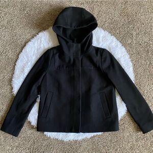 J. Crew Melton Wool Coat Black Hooded‎ Zip Front Womens Size 4P